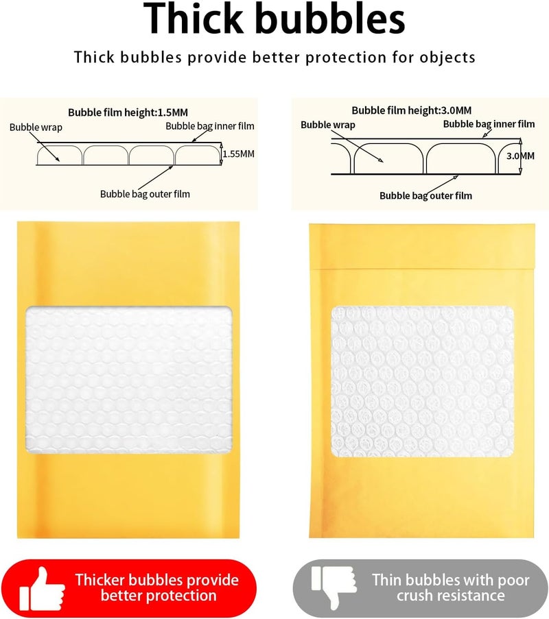 packbabol Kraft bubble mailers 3.5x5 Inch 50 Pack,Self-Sealing Paper Envelopes for Packaging,Strong Adhesion Envelope Mailers, Small Waterproof Cushioned Padded Shipping Bags Yellow #0000 - Image 4